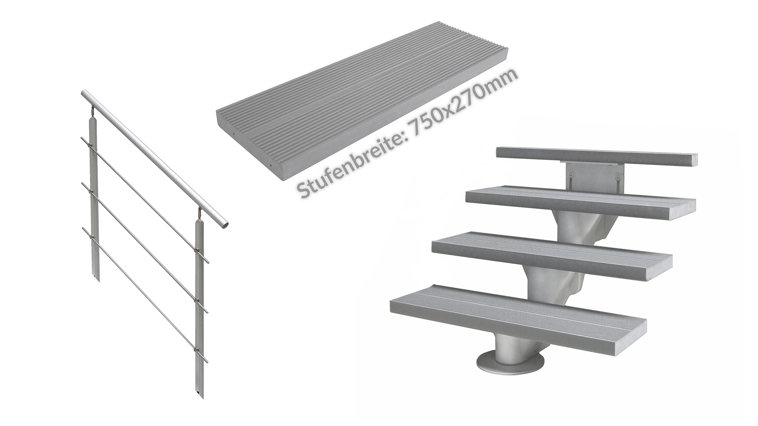 ÖkoStep 210 750x270mm + AluTop Geländer+Stufen Kunststoff grau Set