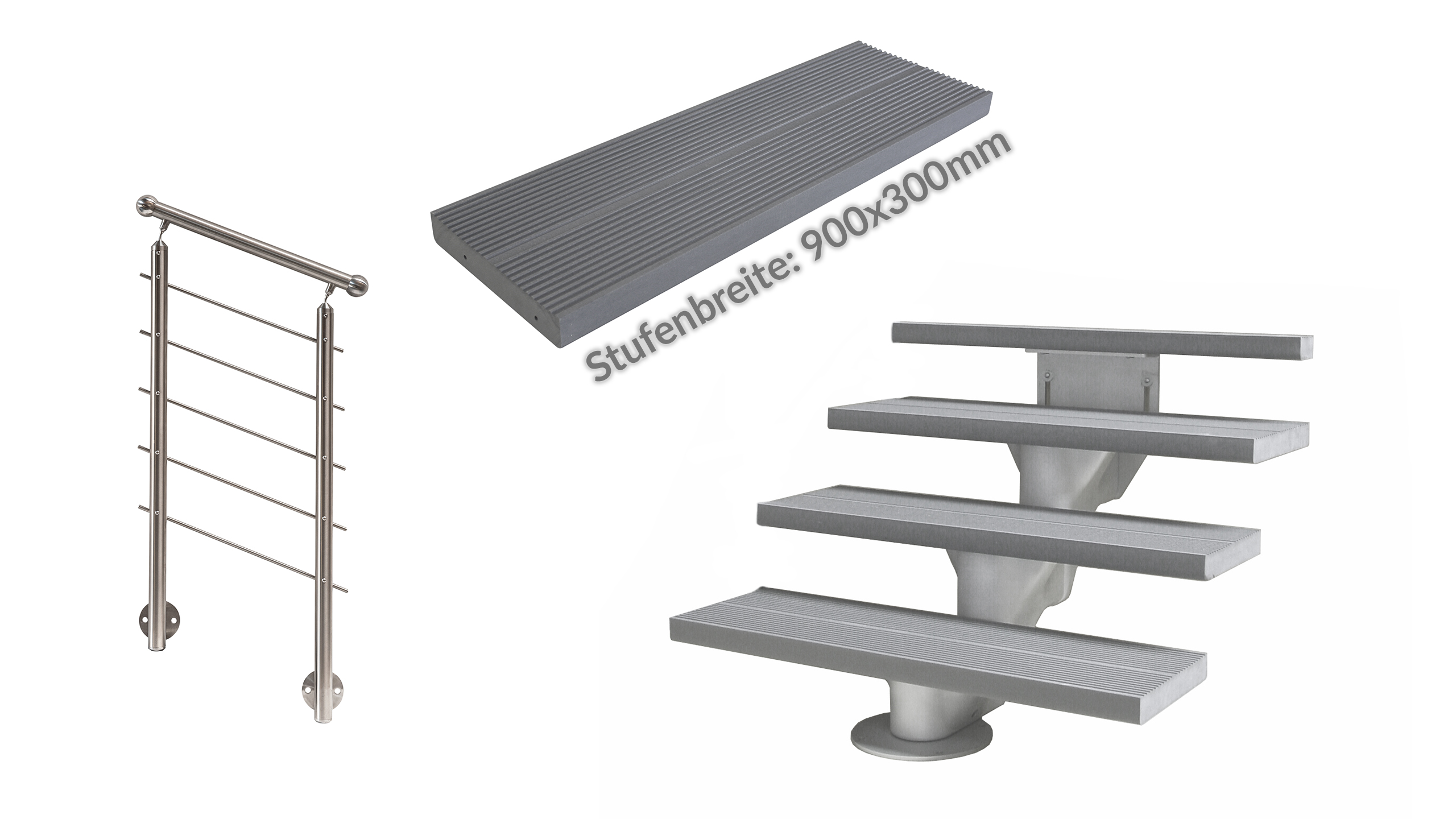 ÖkoStep 260 900x300mm + MegaTec Geländer + Stufen Kunststoff grau Set